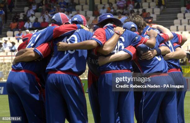 The England team huddle before the start of the ICC Cricket World Cup 2007 match at the Beausejour Stadium, Gros Islet, St Lucia.