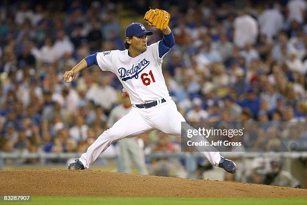 Pitcher Chan Ho Park of the Los Angeles Dodgers delivers a pitch against the Philadelphia Phillies in the third inning of Game Five of the National...