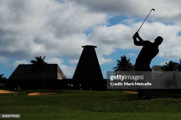 Dimitrios Papadatos of Australia hits an approach shot on the 18th hole during day one of the 2017 Fiji International at Natadola Bay Championship...