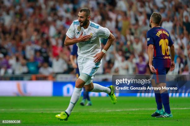 Karim Benzema of Real Madrid CF celebrates scoring their second goal during the Supercopa de Espana Final 2nd Leg match between Real Madrid and FC...