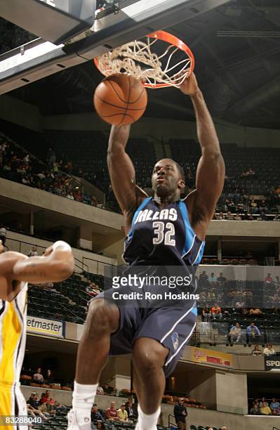 Brandon Bass of the Dallas Mavericks dunks against the Indiana Pacers at Conseco Fieldhouse on October 15, 2008 in Indianapolis, Indiana. NOTE TO...