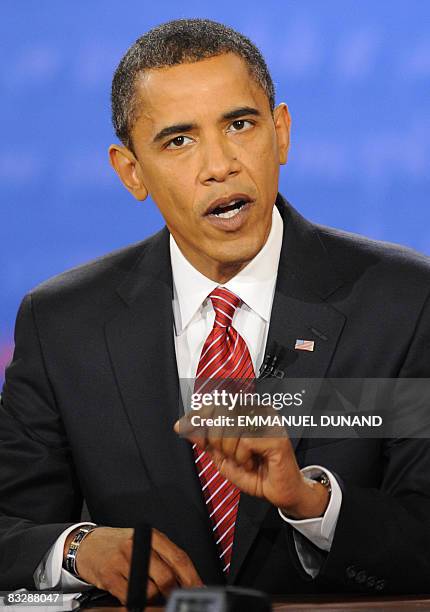 Democrat Barack Obama makes a point at Hofstra University during his third and final presidential debate with Republican John McCain on October 15,...