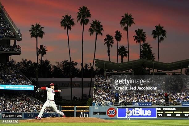 Pitcher Cole Hamels of the Philadelphia Phillies on the mound against the Los Angeles Dodgers in Game Five of the National League Championship Series...