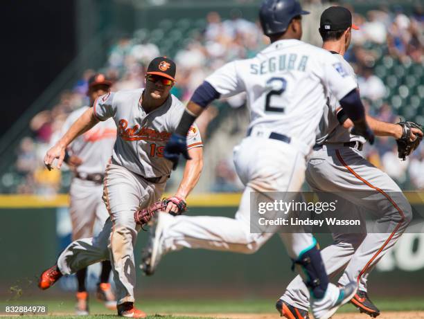 Jean Segura of the Seattle Mariners beats Chris Davis of the Baltimore Orioles for an infield single in the sixth inning at Safeco Field on August...