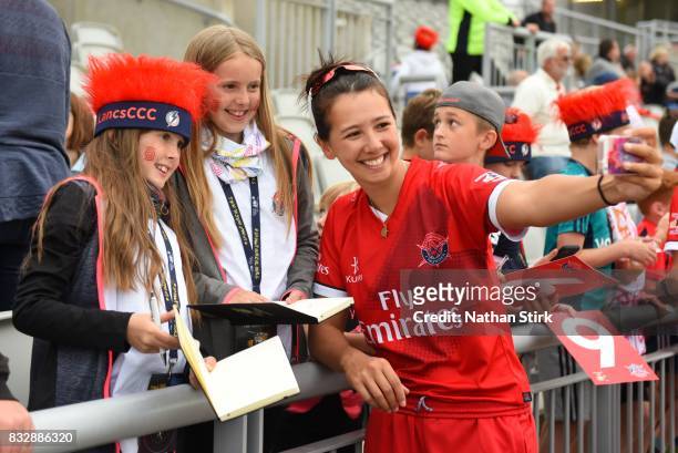 Natasha Miles of Lancashire Thunder takes a selfie during the Kia Super League 2017 match between Lancashire Thunder and Surrey Stars at Old Trafford...