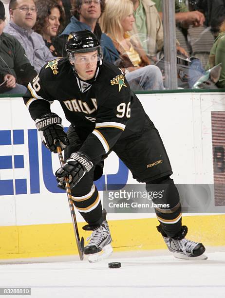 Fabian Brunnstrom of the Dallas Stars skates in his first NHL game against the Nashville Predators on October 15, 2008 at the American Airlines...