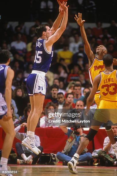 Danny Ferry of the Duke Blue Devils takes a jump shot during a college basketball game against the Maryland Terrapins on February 15, 1988 at Cole...