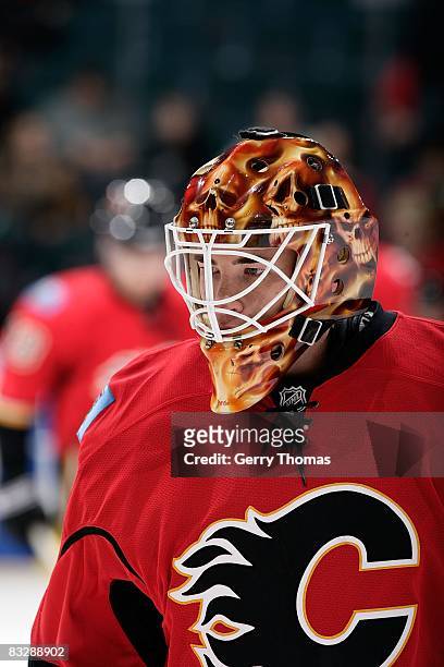 Curtis McElhinney of the Calgary Flames skates in the warmup against the Vancouver Canucks on October 11, 2008 at Pengrowth Saddledome in Calgary,...