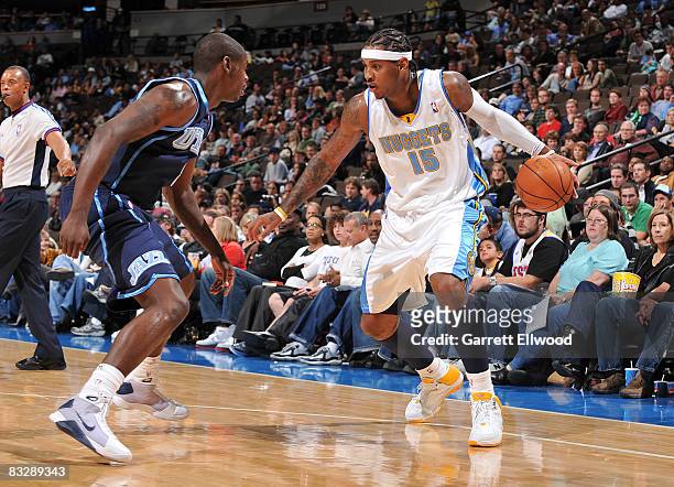 Carmelo Anthony of the Denver Nuggets goes to the basket against the Utah Jazz on October 15, 2008 at the Pepsi Center in Denver, Colorado. NOTE TO...