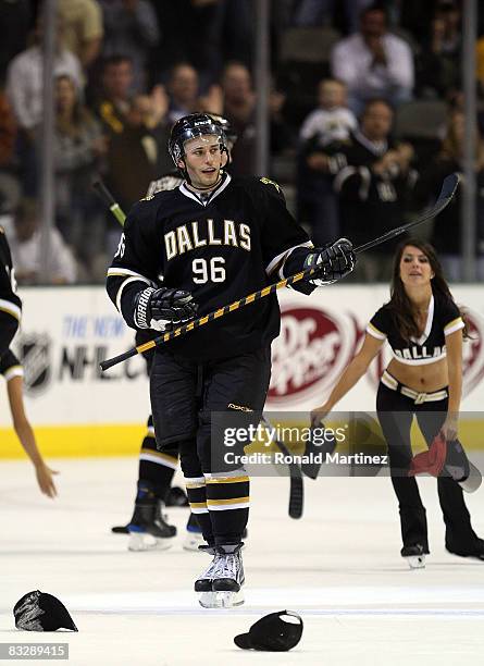 Left wing Fabian Brunnstrom of the Dallas Stars celebrates his first NHL career hat trick against the Nashville Predators at the American Airlines...