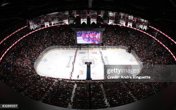 General view of the Bell Centre during the singing of the national anthems prior to the Montreal Canadiens home opener against the Boston Bruins at...