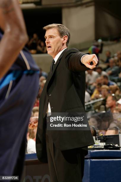 Rick Carlisle, head coach of the Dallas Mavericks, calls out a play for his team as they play the Indiana Pacers at Conseco Fieldhouse on October 15,...