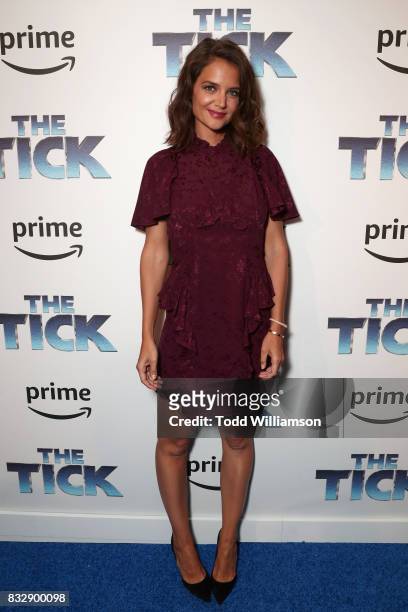 Actress Katie Holmes attends the blue carpet premiere of Amazon Prime Video original series "The Tick" at Village East Cinema on August 16, 2017 in...
