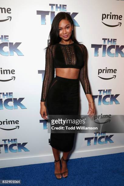 Model Chanel Iman attends the blue carpet premiere of Amazon Prime Video original series "The Tick" at Village East Cinema on August 16, 2017 in New...