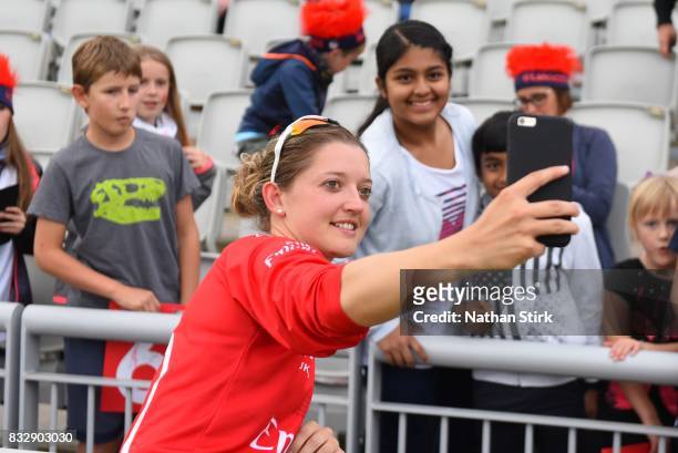 Sarah Taylor of Lancashire Thunder takes a selfie during the Kia Super League 2017 match between Lancashire Thunder and Surrey Stars at Old Trafford...