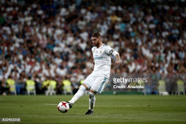 Sergio Ramos of Real Madrid in action during the Spanish Super Cup return match between Real Madrid and Barcelona at Santiago Bernabeu Stadium in...