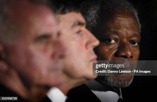 Cardinal Keith Patrick O'Brien, Chancellor Gordon Brown and former United Nations Secretary-General Kofi Annan during a visit in the grounds of the...