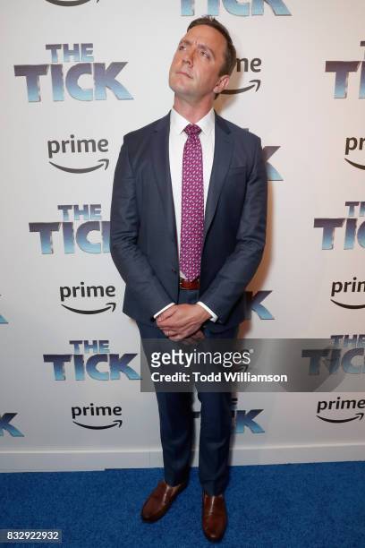 Actor Peter Serafinowicz attends the blue carpet premiere of Amazon Prime Video original series "The Tick" at Village East Cinema on August 16, 2017...