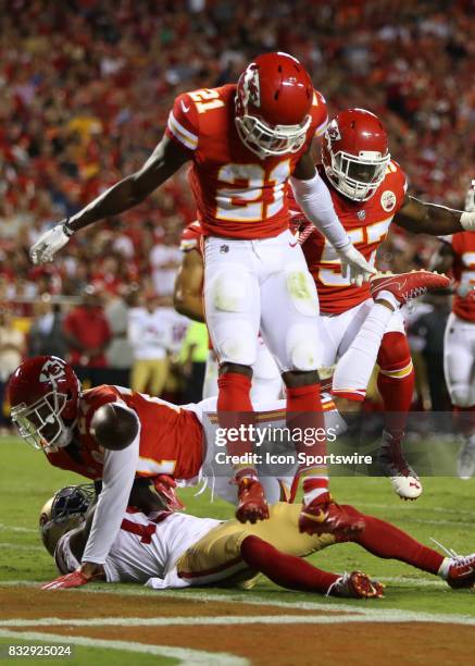 Kansas City Chiefs cornerback Eric Murray jump over San Francisco 49ers wide receiver Pierre Garcon after an incomplete pass in the second quarter of...