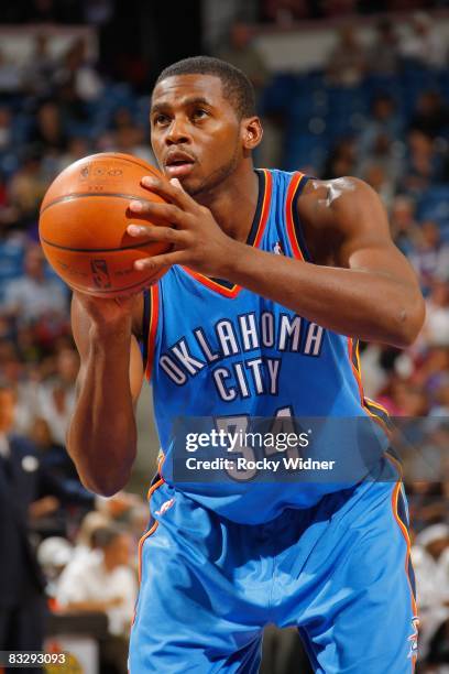 Desmond Mason of the Oklahoma City Thunder shoots a free throw during the preseason game against the Sacramento Kings on October 10, 2008 at Arco...