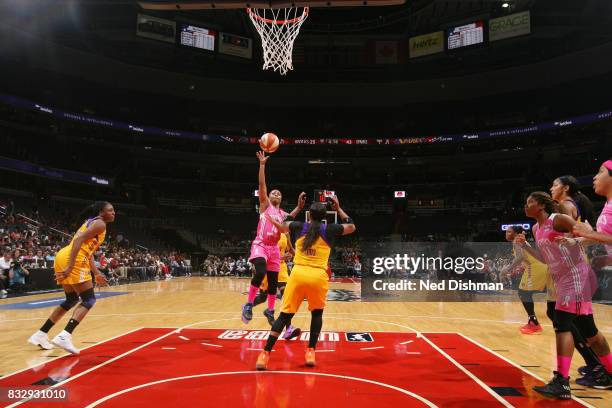 Ivory Latta of the Washington Mystics shoots the ball against the Los Angeles Sparks on August 16, 2017 at the Verizon Center in Washington, DC. NOTE...