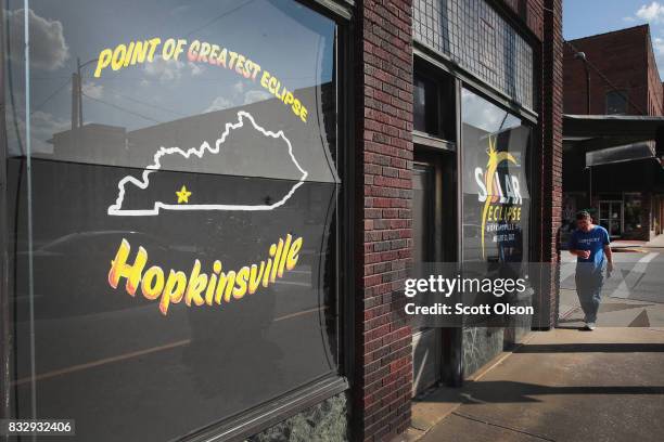 Solar eclipse signs cover the windows of a storefront on August 16, 2017 in Hopkinsville, Kentucky. Hopkinsville, in Western Kentucky, is located...