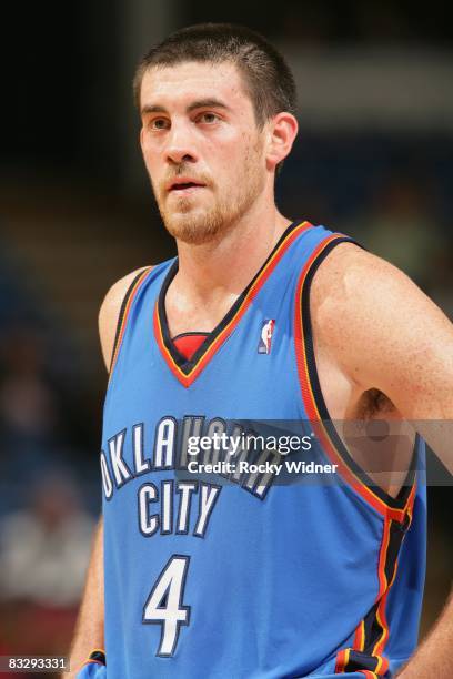 Nick Collison of the Oklahoma City Thunder looks across the court during the preseason game against the Sacramento Kings on October 10, 2008 at Arco...