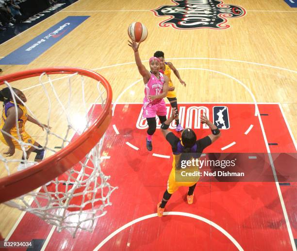 Ivory Latta of the Washington Mystics shoots the ball against the Los Angeles Sparks on August 16, 2017 at the Verizon Center in Washington, DC. NOTE...