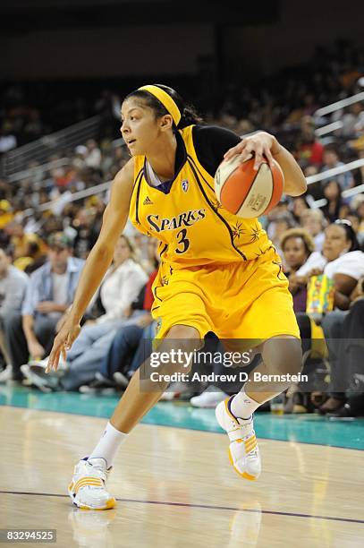 Candace Parker of the Los Angeles Sparks makes a move in Game One of the Wester n Conference Finals against the San Antonio Silver Stars during the...