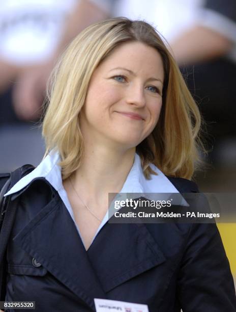 Sports commentator Jacqui Oatley, takes her position to become the first woman commentator in Match of the Day's 43-year history.