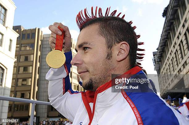 Great Britain's Paralympic shooting gold medalist Matt Skelhon during Britain's Olympic medal winners parade on October 16, 2008 in London. Beijing...