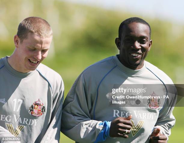 Sunderland's Dwight Yorke and Grant Leadbitter during a training session at Whitburn, Sunderland.