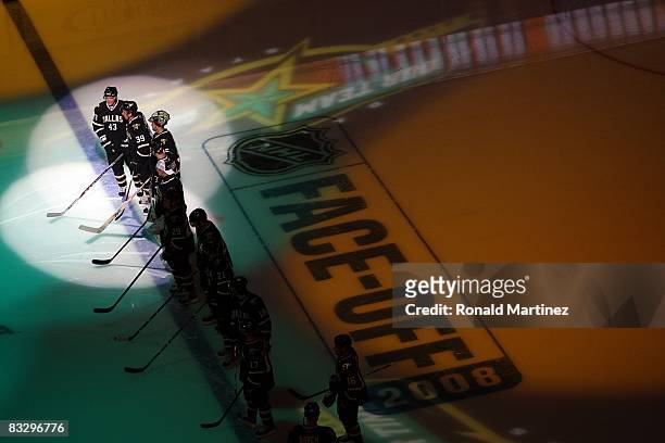 General view of the Dallas Stars during introductions before play against the Columbus Blue Jackets at the American Airlines Center on October 10,...