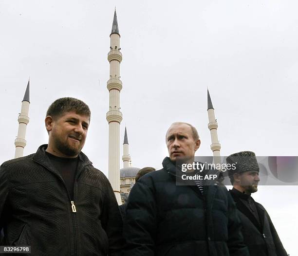 Russian Prime Minister Vladimir Putin meets with Chechen President Ramzan Kadyrov in Grozny on October 16, 2008 while visiting a newly built mosque....