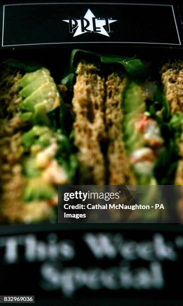 Detail of a packet of sandwiches from food shop Pret A Manger in central London.