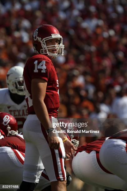 Quarterback Sam Bradford of the Oklahoma Sooners during play against the Texas Longhorns during the Red River Rivalry at the Cotton Bowl on October...