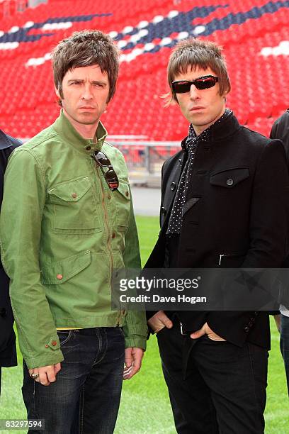 Noel Gallagher and Liam Galllagher attend the Oasis photocall in Wembley Stadium to promote their new album 'Dig out Your Soul' released on October...