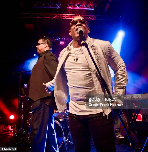 Singer Wonder Mike and Master Gee of the American band The Sugarhill Gang perform live on stage during a concert at the Columbia Theater on August...