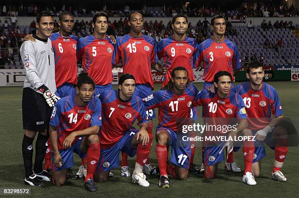 Football players of the Costa Rican national team pose for the picture at the Ricardo Saprissa stadium on October 15, 2008 in San Jose. From left to...
