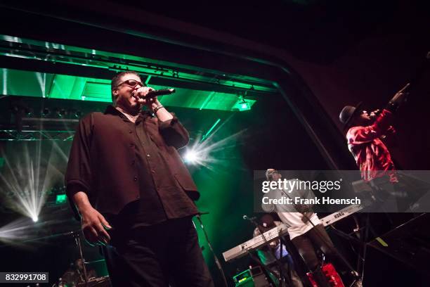 Singer Wonder Mike, Master Gee and Hen Dogg of the American band The Sugarhill Gang perform live on stage during a concert at the Columbia Theater on...