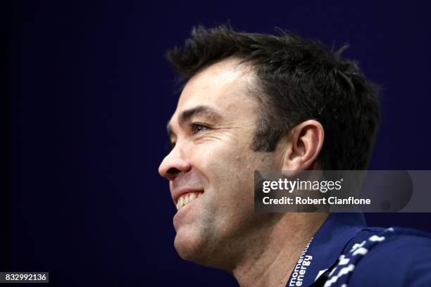 Coast Chris Scott talks to the media during a Geelong Cats AFL media session at Simonds Stadium on August 17, 2017 in Geelong, Australia.