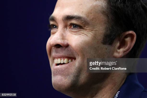 Cats coach Chris Scott talks to the media during a Geelong Cats AFL media session at Simonds Stadium on August 17, 2017 in Geelong, Australia.