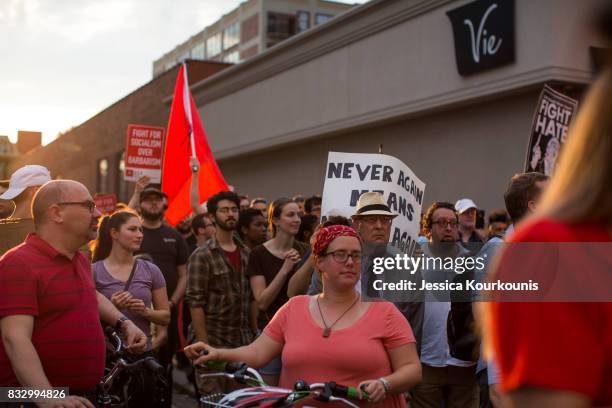 Demonstrators participate in a march and rally against white supremacy August 16, 2017 in downtown Philadelphia, Pennsylvania. Demonstrations are...