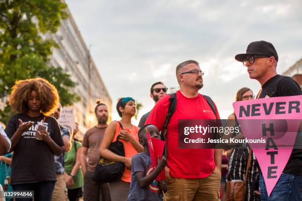 Demonstrators participate in a march and rally against white supremacy August 16, 2017 in downtown Philadelphia, Pennsylvania. Demonstrations are...