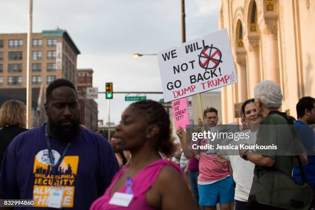 Demonstrators participate in a march and rally against white supremacy August 16, 2017 in downtown Philadelphia, Pennsylvania. Demonstrations are...