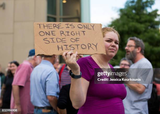 Demonstrators participate in a march and rally against white supremacy August 16, 2017 in downtown Philadelphia, Pennsylvania. Demonstrations are...