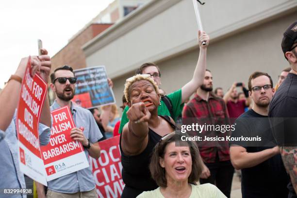 Demonstrators participate in a march and rally against white supremacy August 16, 2017 in downtown Philadelphia, Pennsylvania. Demonstrations are...