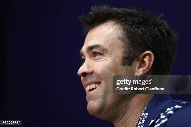 Cats coach Chris Scott talks to the media during a Geelong Cats AFL media session at Simonds Stadium on August 17, 2017 in Geelong, Australia.