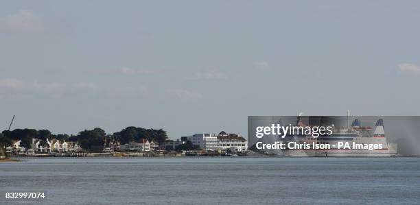 General view of the Brittany Ferry entering Poole Harbour passing the exclusive properties of Sandbanks including that of football manager Harry...