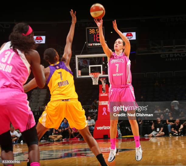 Haley Peters of the Washington Mystics shoots the ball against the Los Angeles Sparks on August 16, 2017 at the Verizon Center in Washington, DC....